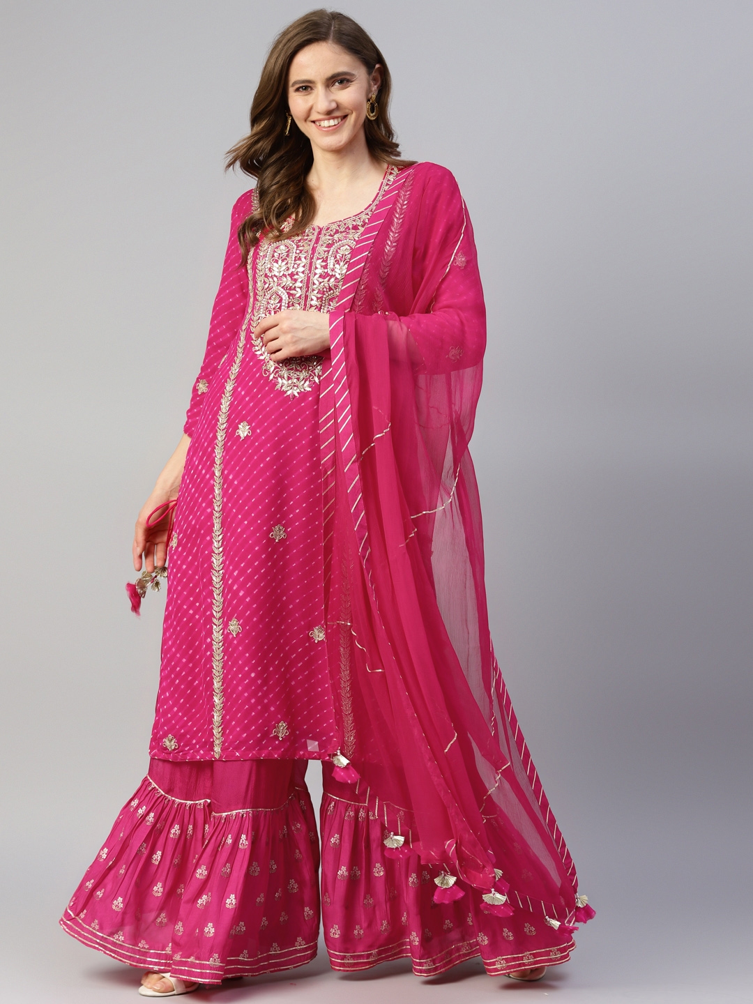 Buy Divena Women Pink Pure Georgette Leheriya Print Kurta With Sharara ...