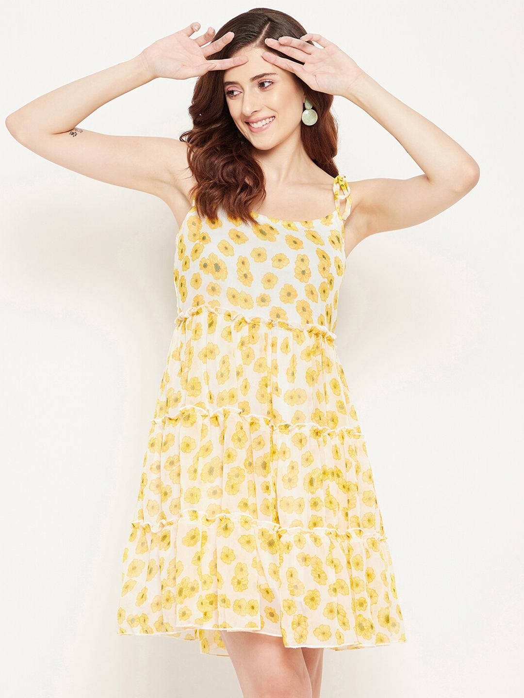 Buy Bitterlime Yellow Floral Georgette Dress - Dresses for Women ...