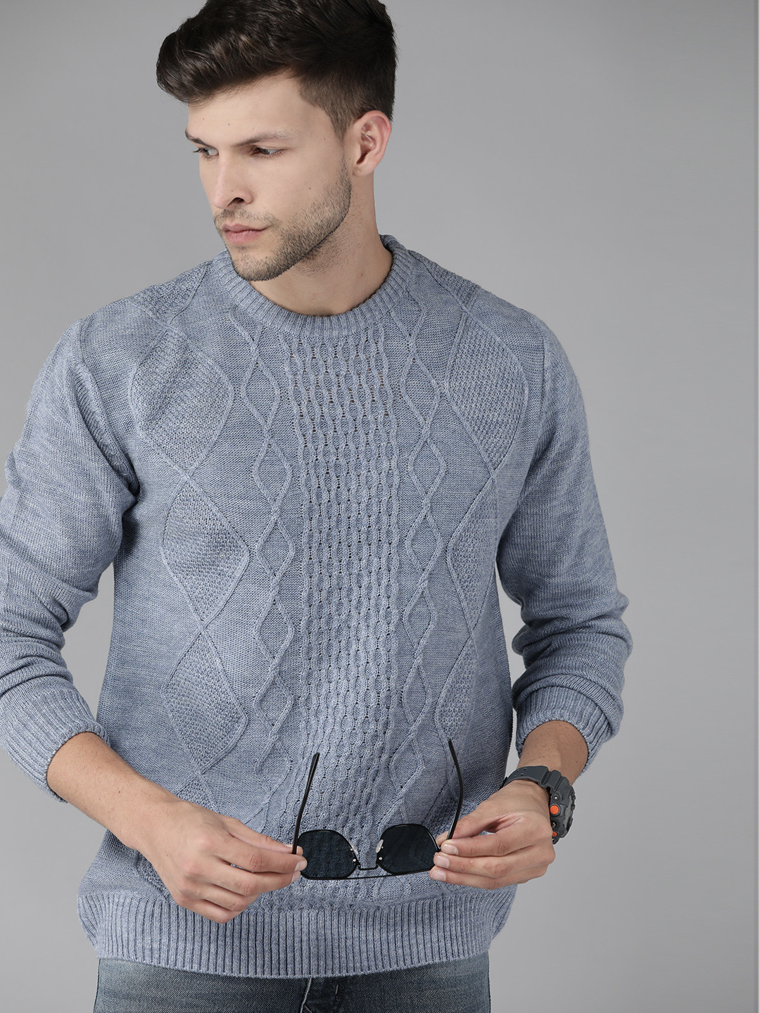 Buy Roadster Men Blue Self Design Pullover - Sweaters for Men 19813888 ...