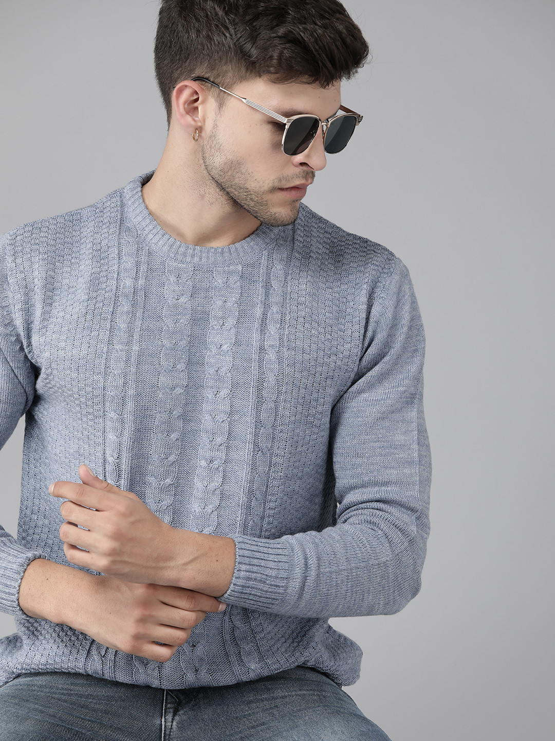 Buy Roadster Men Blue Self Design Pullover - Sweaters for Men 19813890 ...