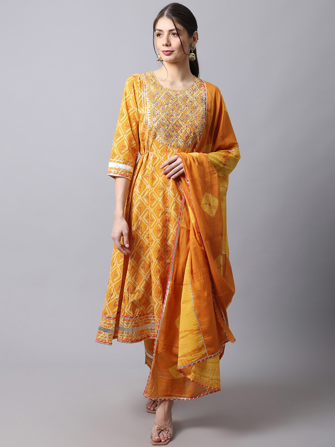 Women Pink Ethnic Motifs Yoke Design Extended Sleeves Gotta Patti Kaftan Kurta