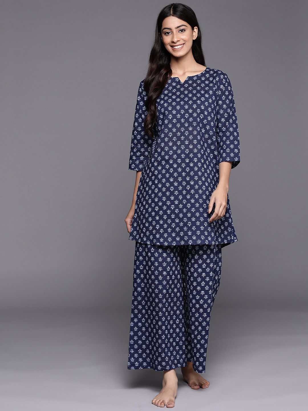 Buy Libas Women Navy Blue Printed Pure Cotton Night Suit Night Suits