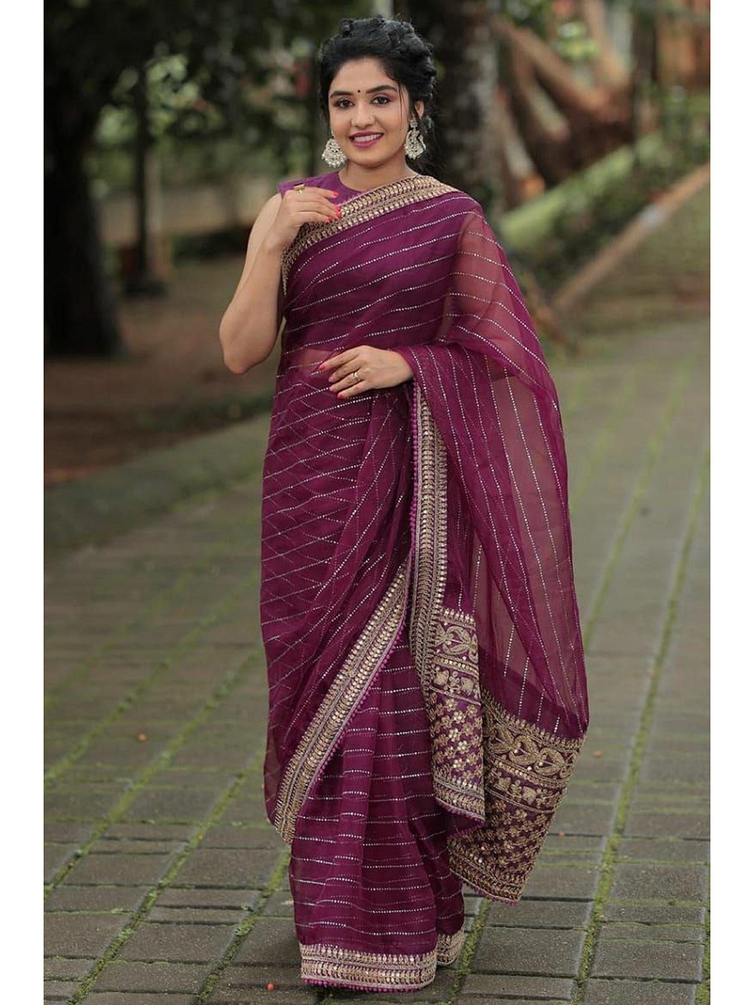 Mint Drape Saree with Gold Organza Blouse for + Classic Pearl Clutch + Kundan Teeka With Earrings main image 1