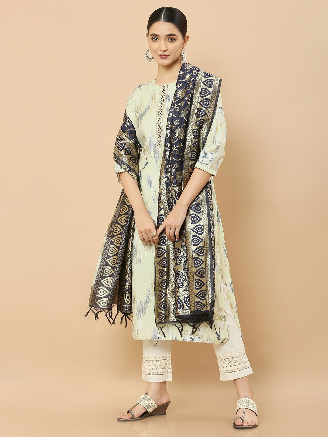 Navy Blue & Gold Coloured Woven Design Dupatta main image 0