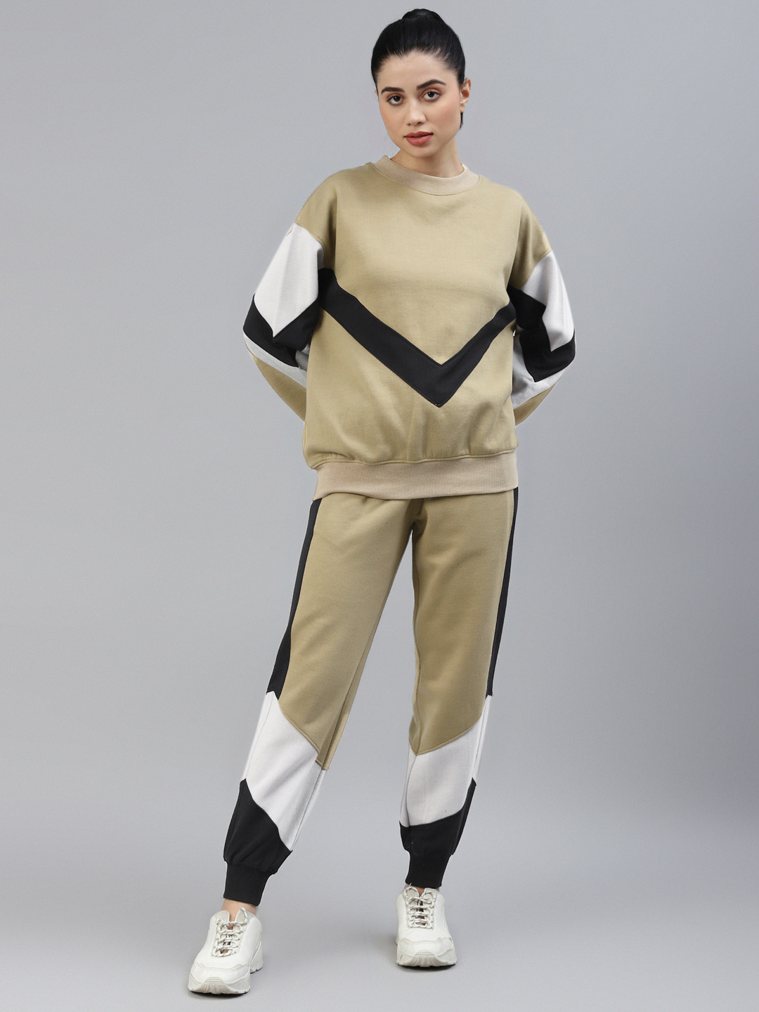 Buy Laabha Women Beige & Black Colourblocked Tracksuit Tracksuits for