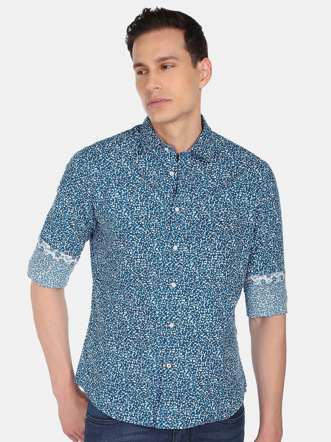 Buy AD By Arvind Men Blue Slim Fit Floral Abstract Printed Pure Cotton ...