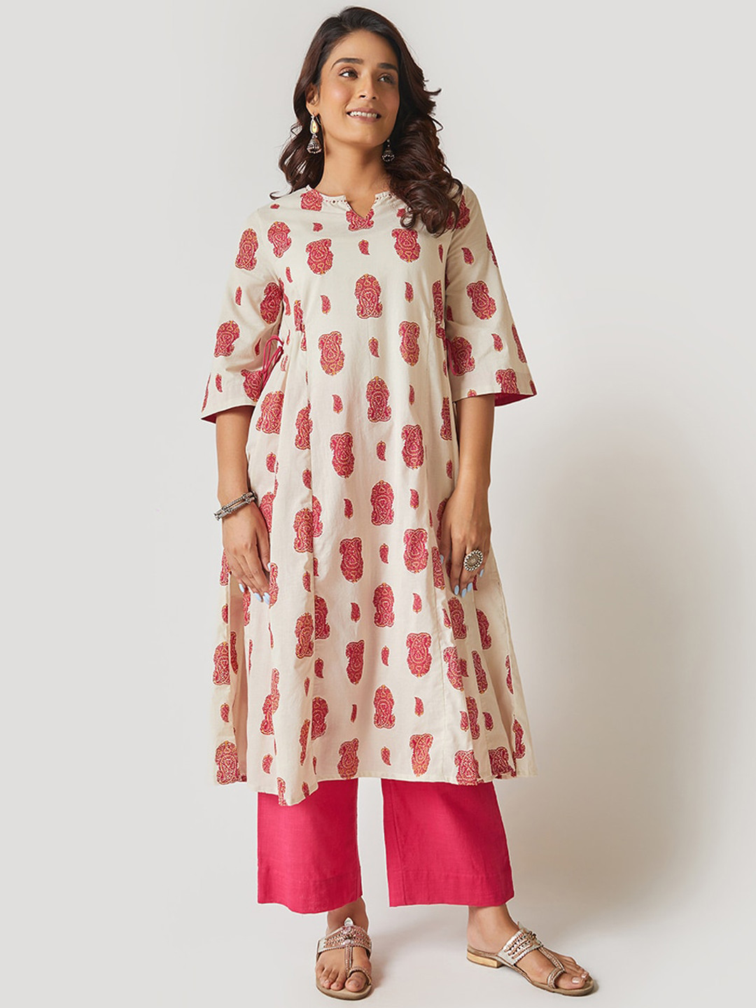 Buy EK BY EKTA KAPOOR Women Beige Keri Print Cotton Kalidar Kurta With Tassels Kurtas for