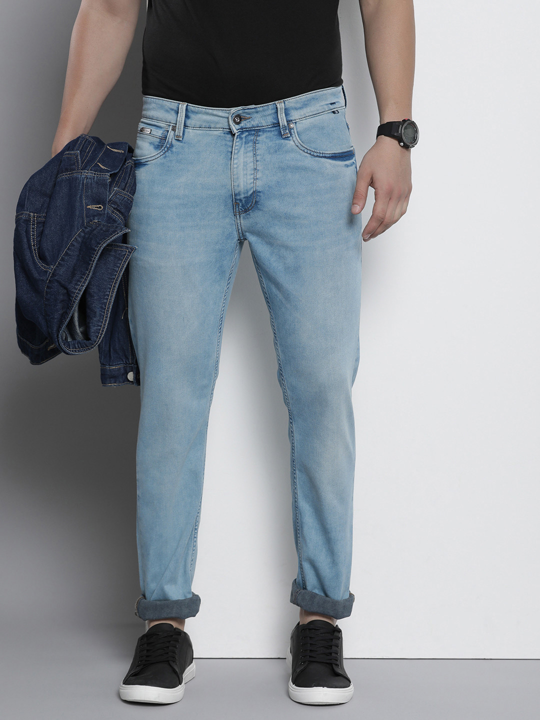 Men's Navy Blue Comfort Straight Fit Low-Rise Light Fade Acid Wash Jeans
