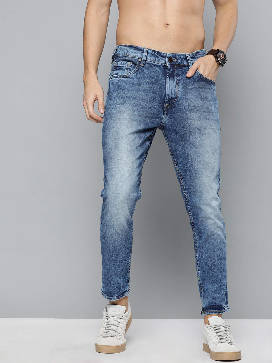 Women's Mid Blue High Rise Mildly-Distressed Cropped Stretchable Denim