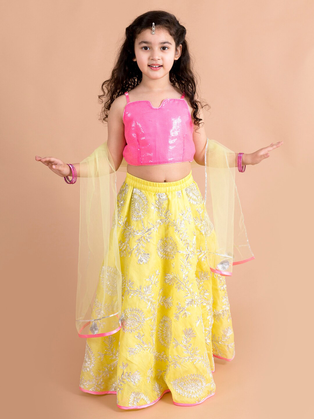 Girls Lime Green Pink Printed Ready To Wear Lehenga Blouse With Dupatta