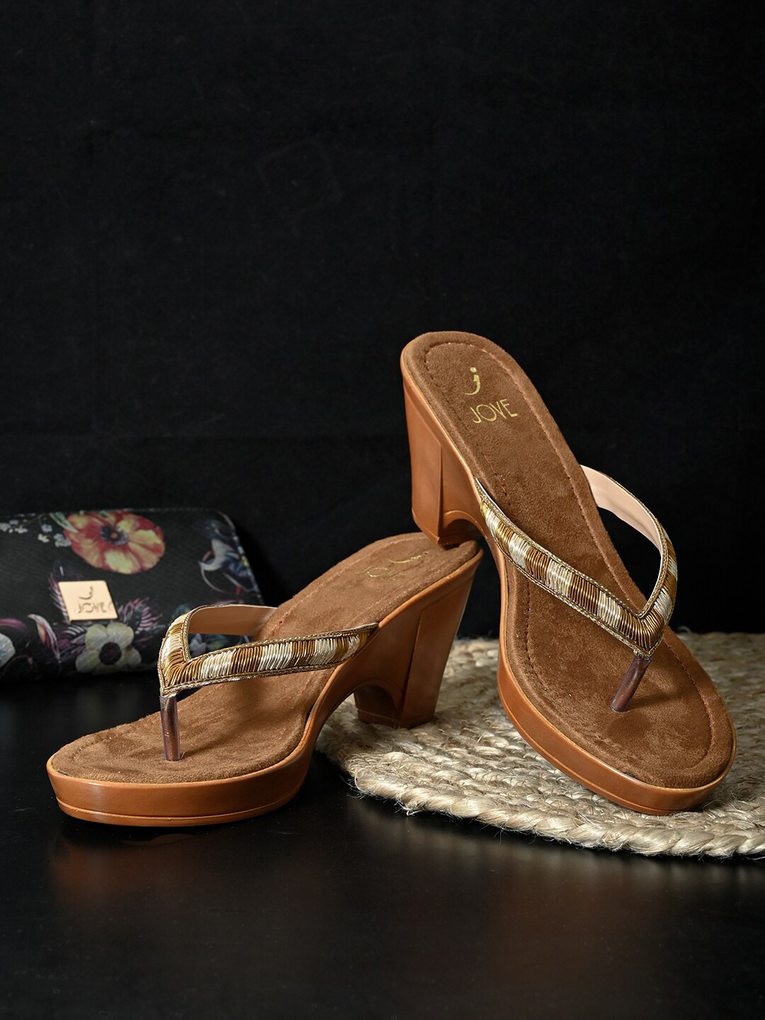 Buy Jove Gold Toned & Tan Embellished PU Block Sandals Heels for