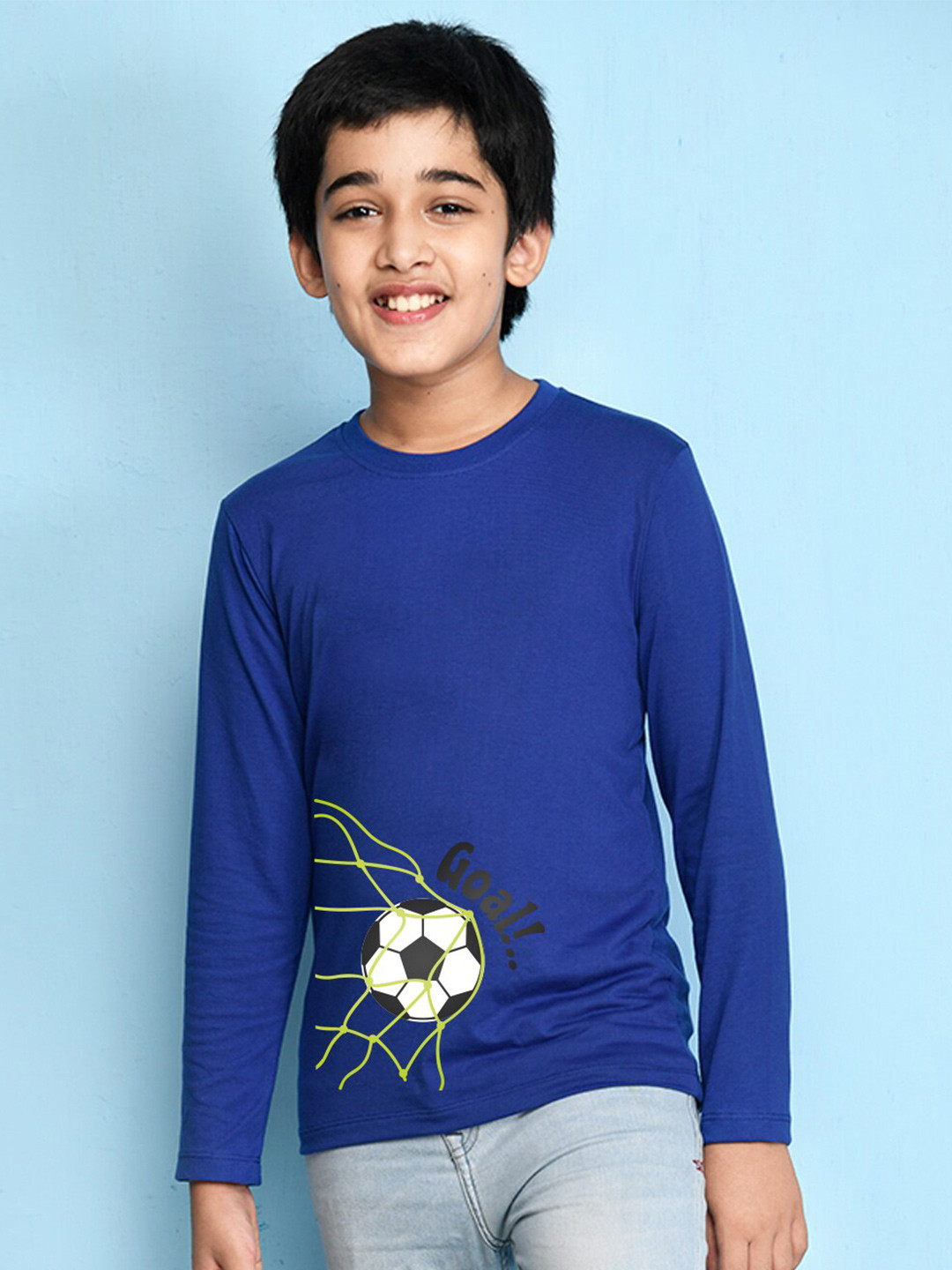 Boys Blue Cotton Printed Round Neck T shirt