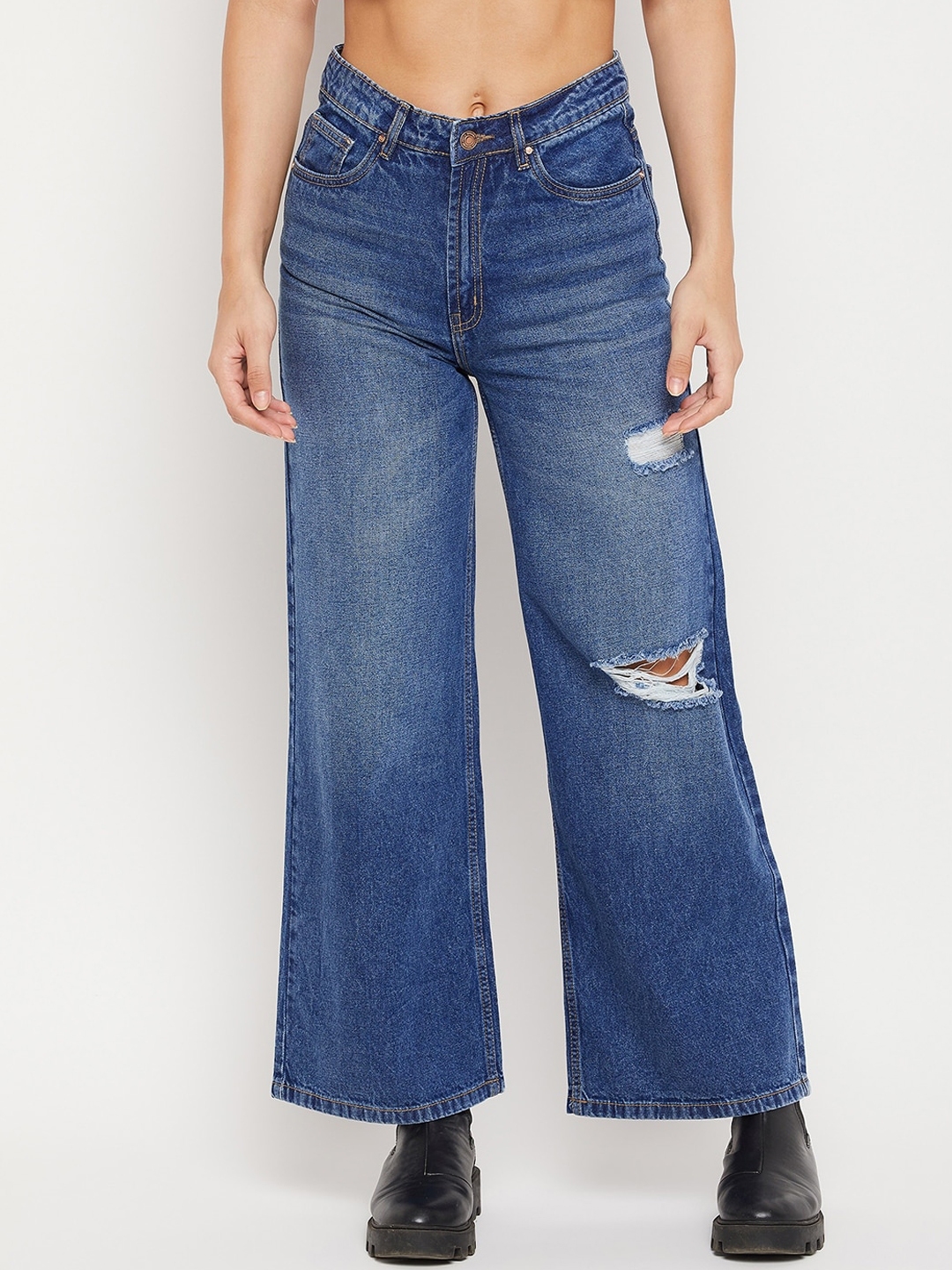 Buy Madame Women Navy Blue Wide Leg High Rise Mildly Distressed Light ...