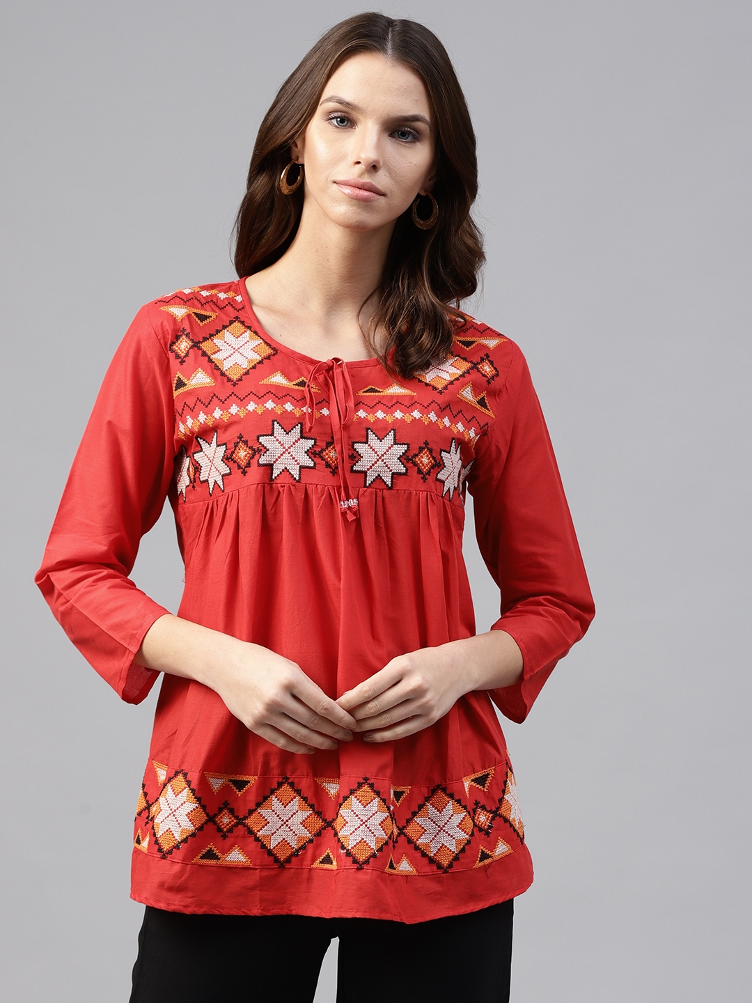 Buy Bhama Couture Women Red Embroidered Pure Cotton Top - Tops for ...