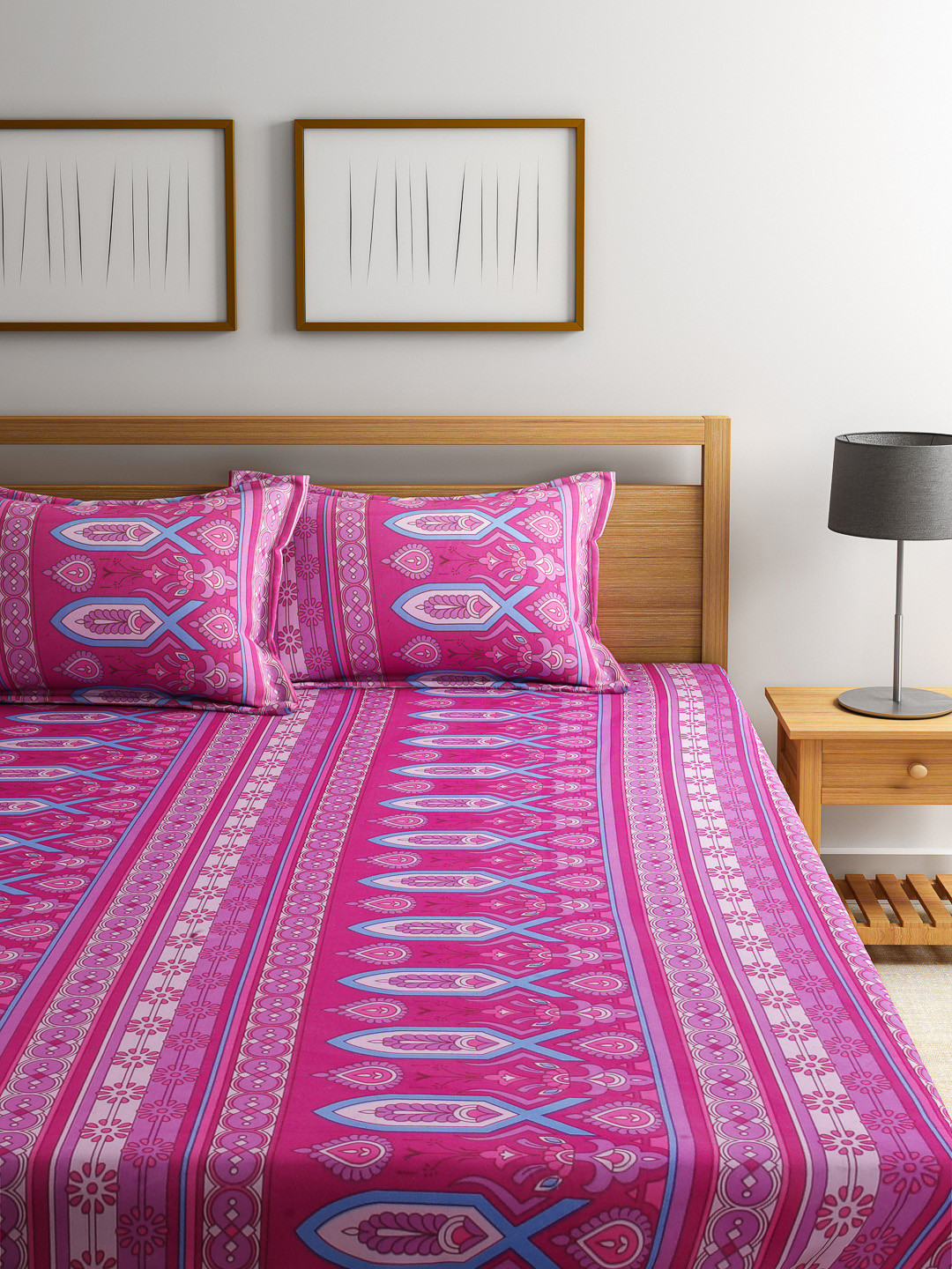 Buy BOMBAY DYEING Pink 120 TC Cotton Double Bedsheet With 2 Pillow