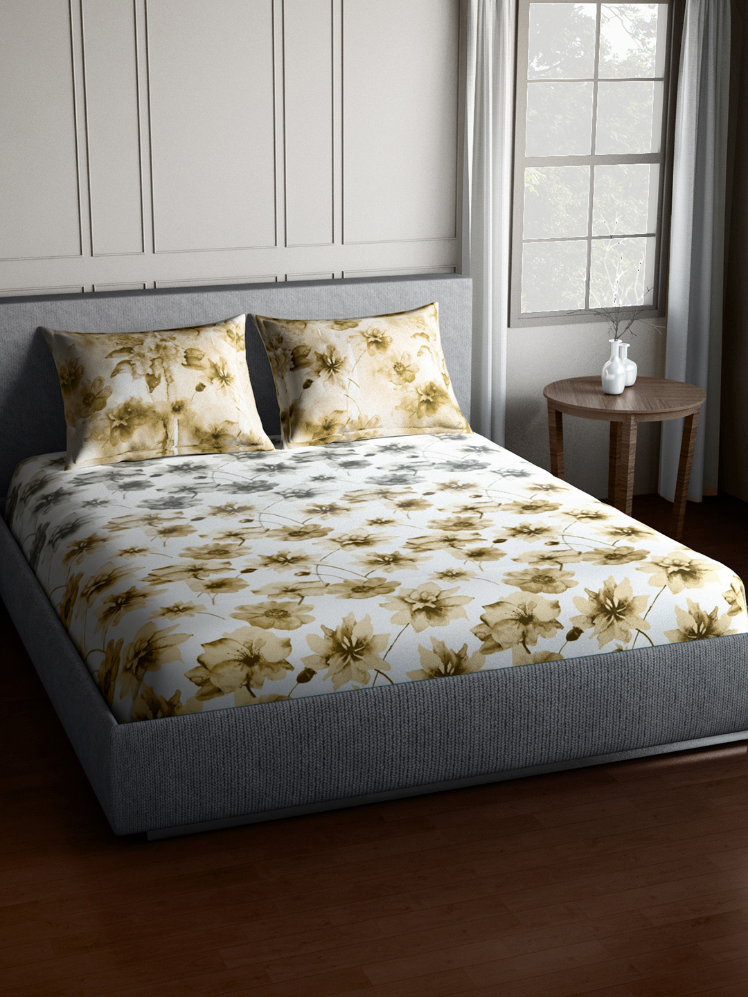 Buy SPACES White & Beige Cotton 210 TC Fine Double Bedsheet With 2