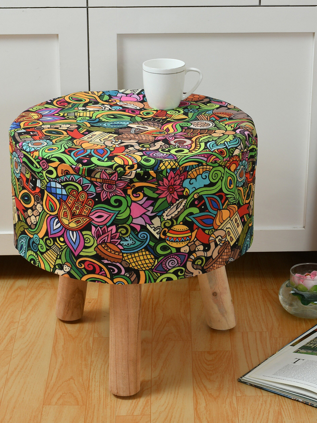 Buy RIANCE CREATIONS Black Printed Wooden Round Ottomans Ottomans for