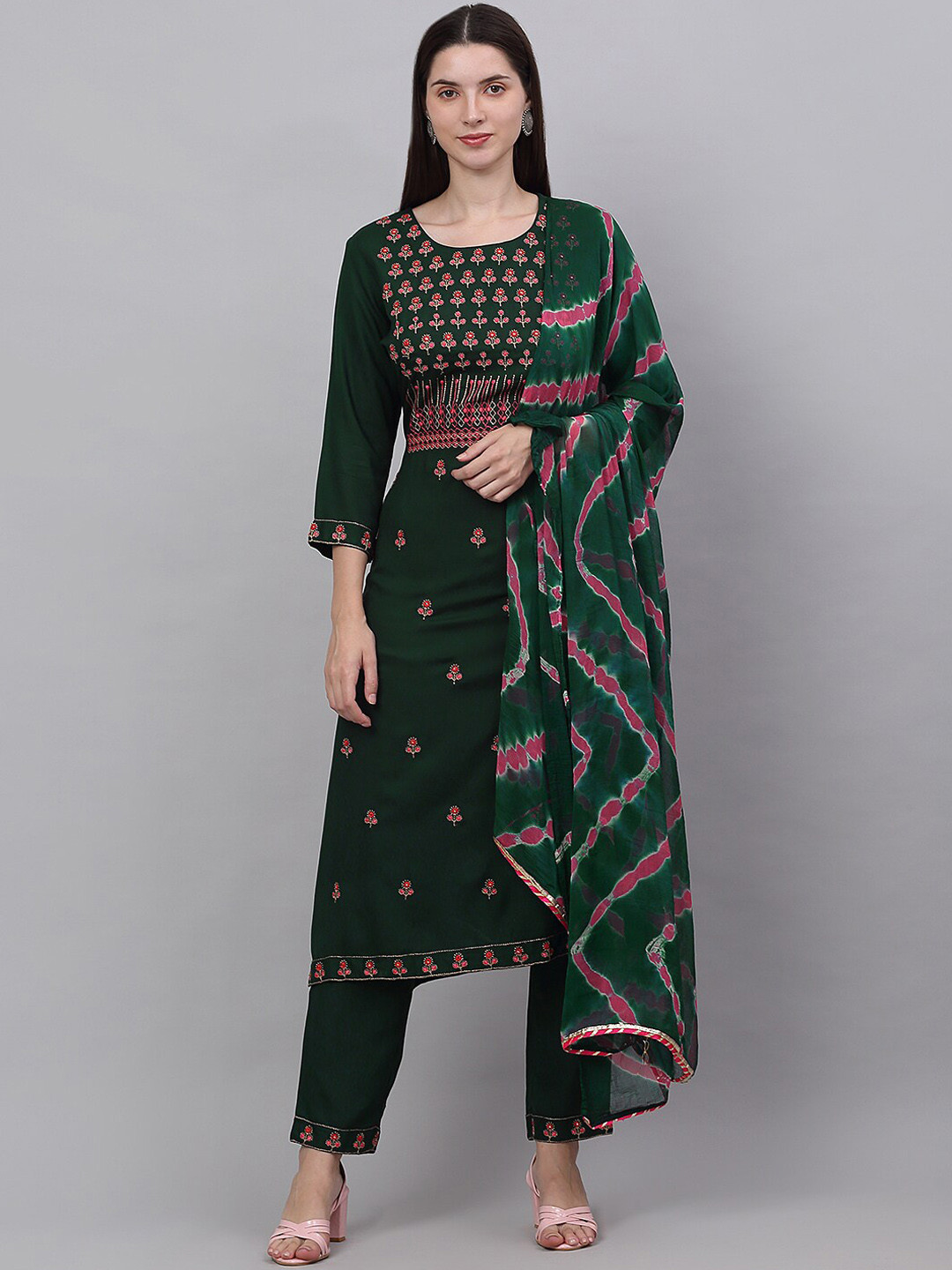 Women Green Fabric Designer Embroidery Work Kurta Set With Dupatta