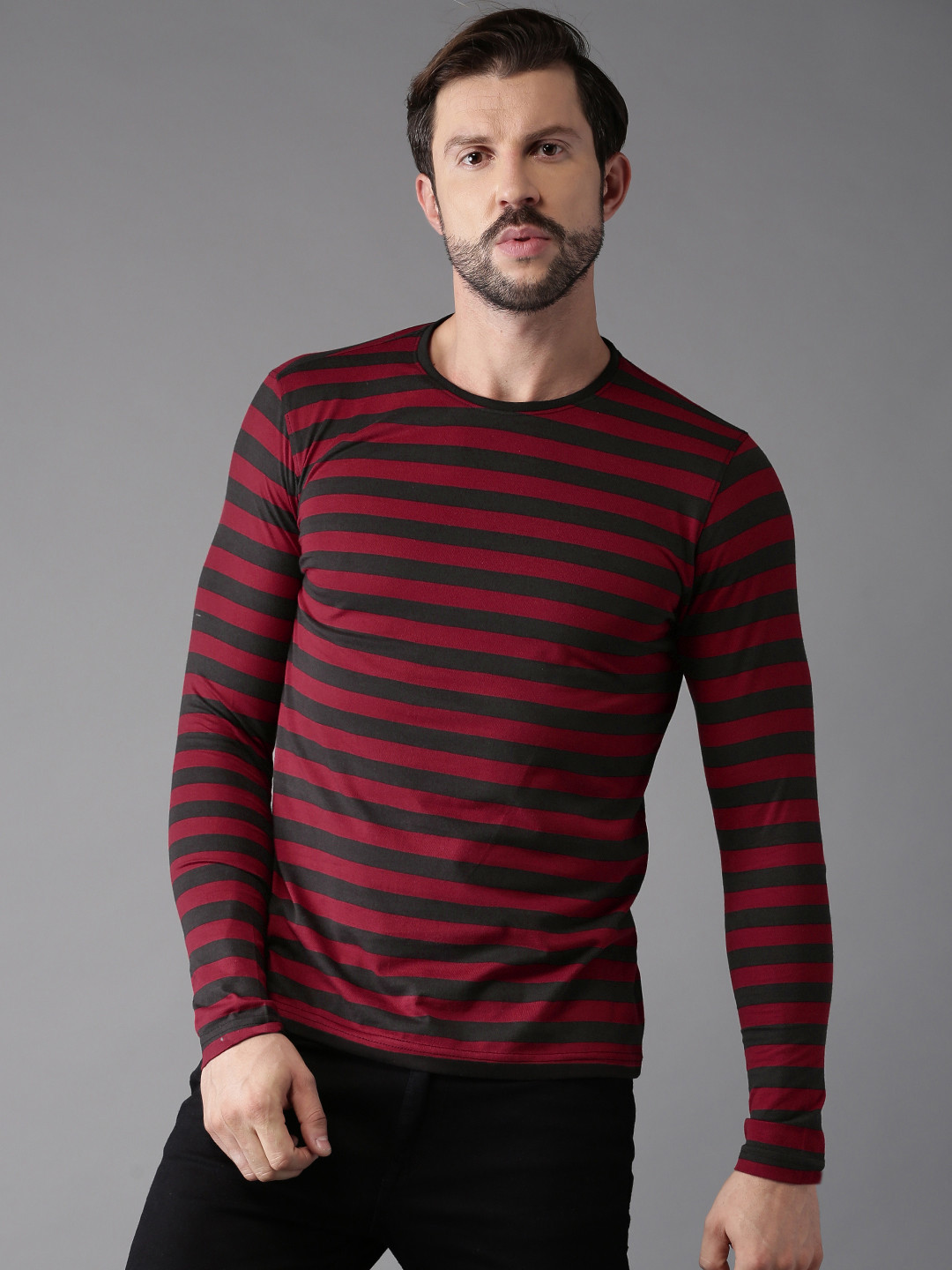 Buy HERE&NOW Men Maroon & Black Striped Round Neck T Shirt ...