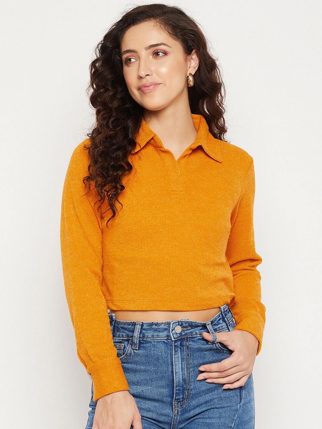 Buy CAMLA Women Mustard Yellow Shirt Style Crop Top Tops for Women