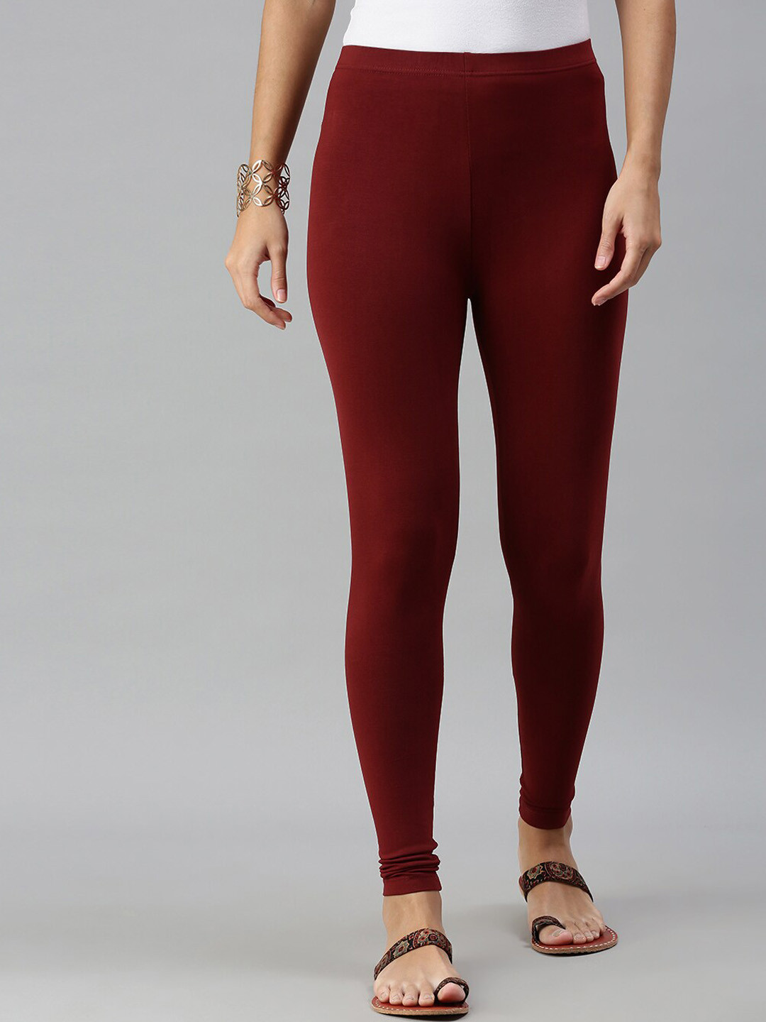 Buy De Moza Women Maroon Solid Churidar Length Cotton Leggings