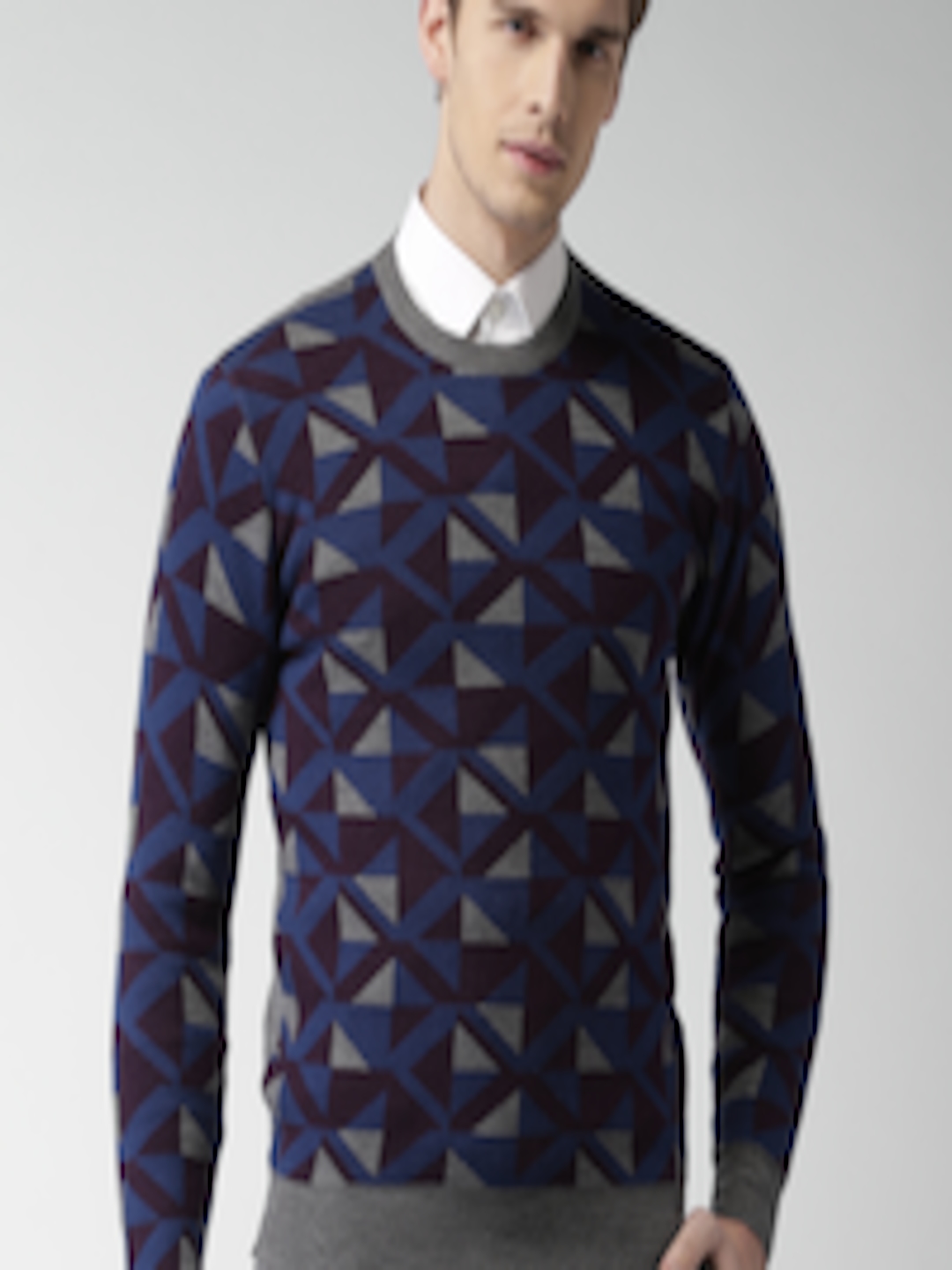 Buy INVICTUS Men Grey & Blue Self Design Pullover - Sweaters for Men ...