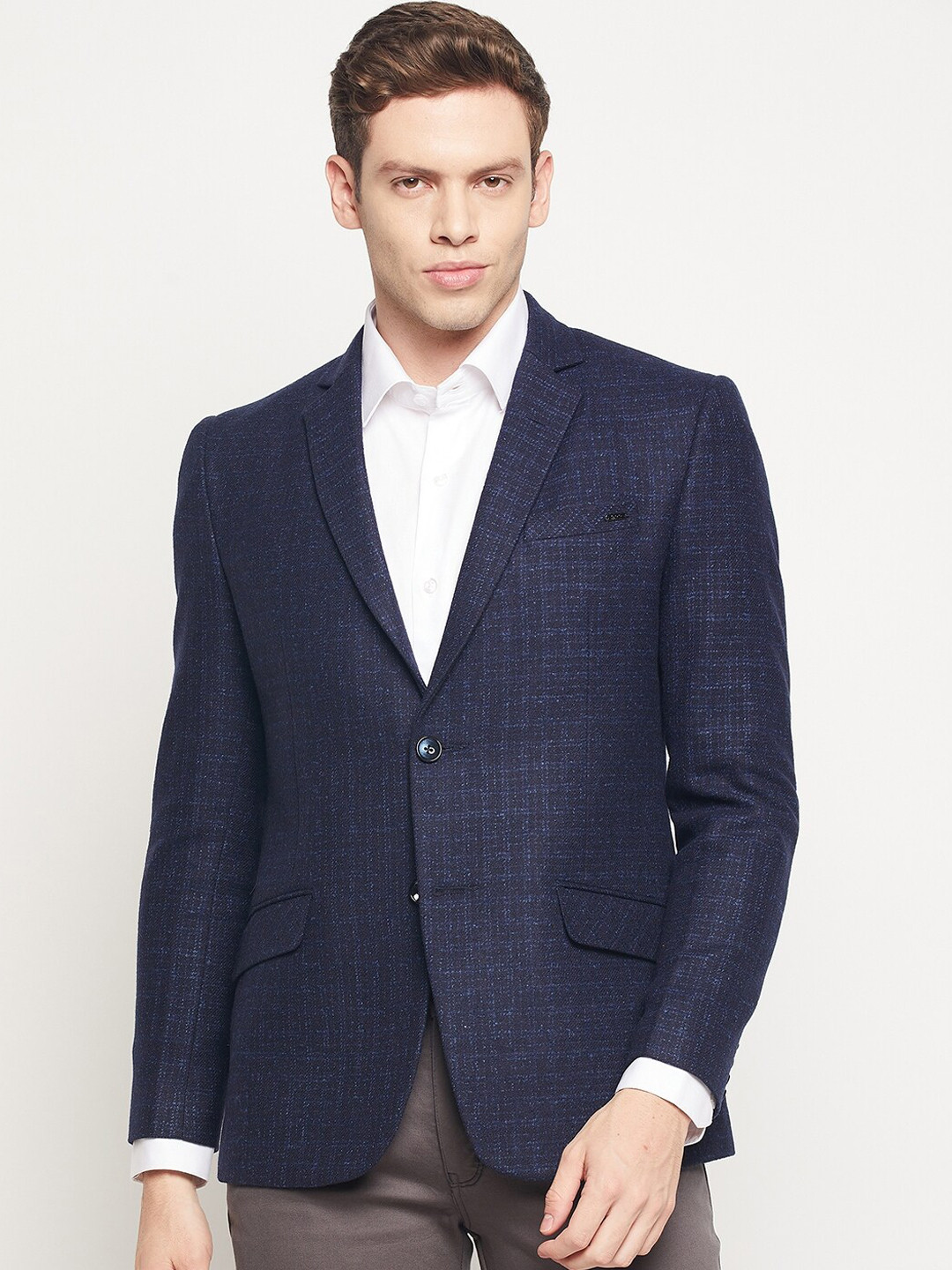 Buy Spirit Men Navy Blue Self Design Single Breasted Formal Blazer ...