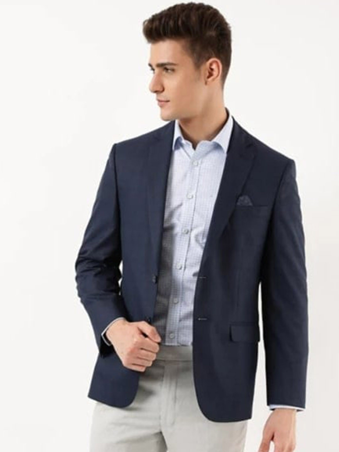 Buy Marks & Spencer Men Navy Blue Solid Single Breasted Formal Blazer ...