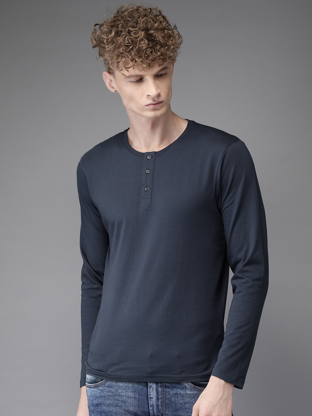 Buy HERE&NOW Men Navy Blue Solid Henley Neck T Shirt Tshirts for Men