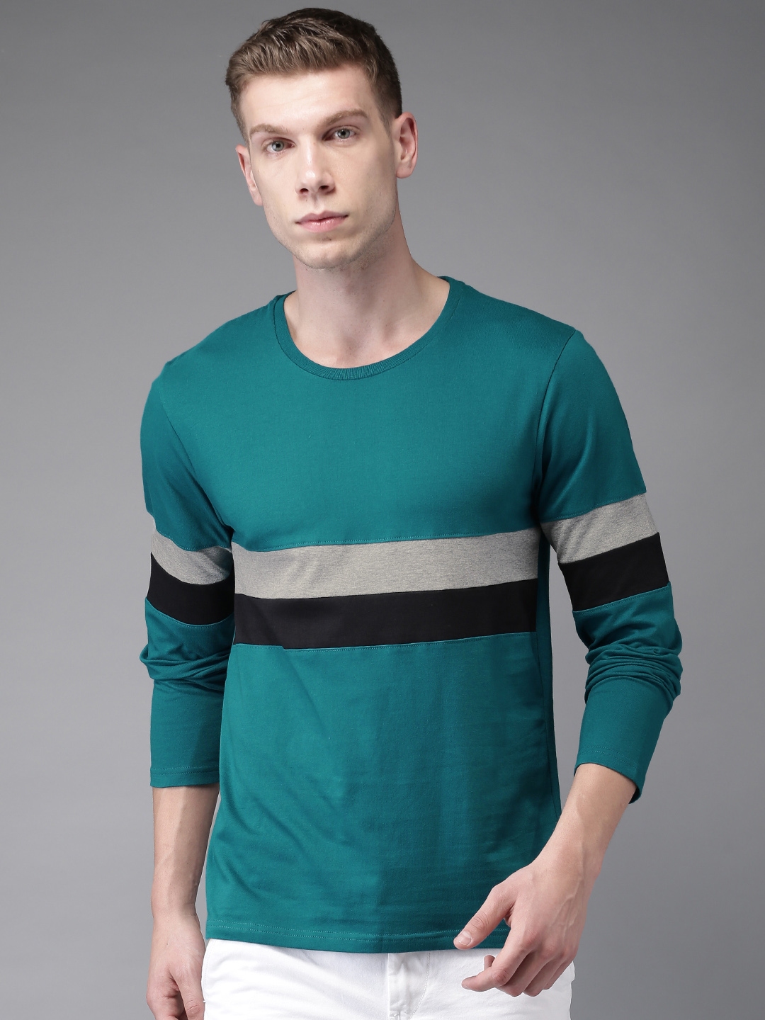 Buy HERE&NOW Men Teal Green Solid Round Neck T Shirt - Tshirts for Men ...