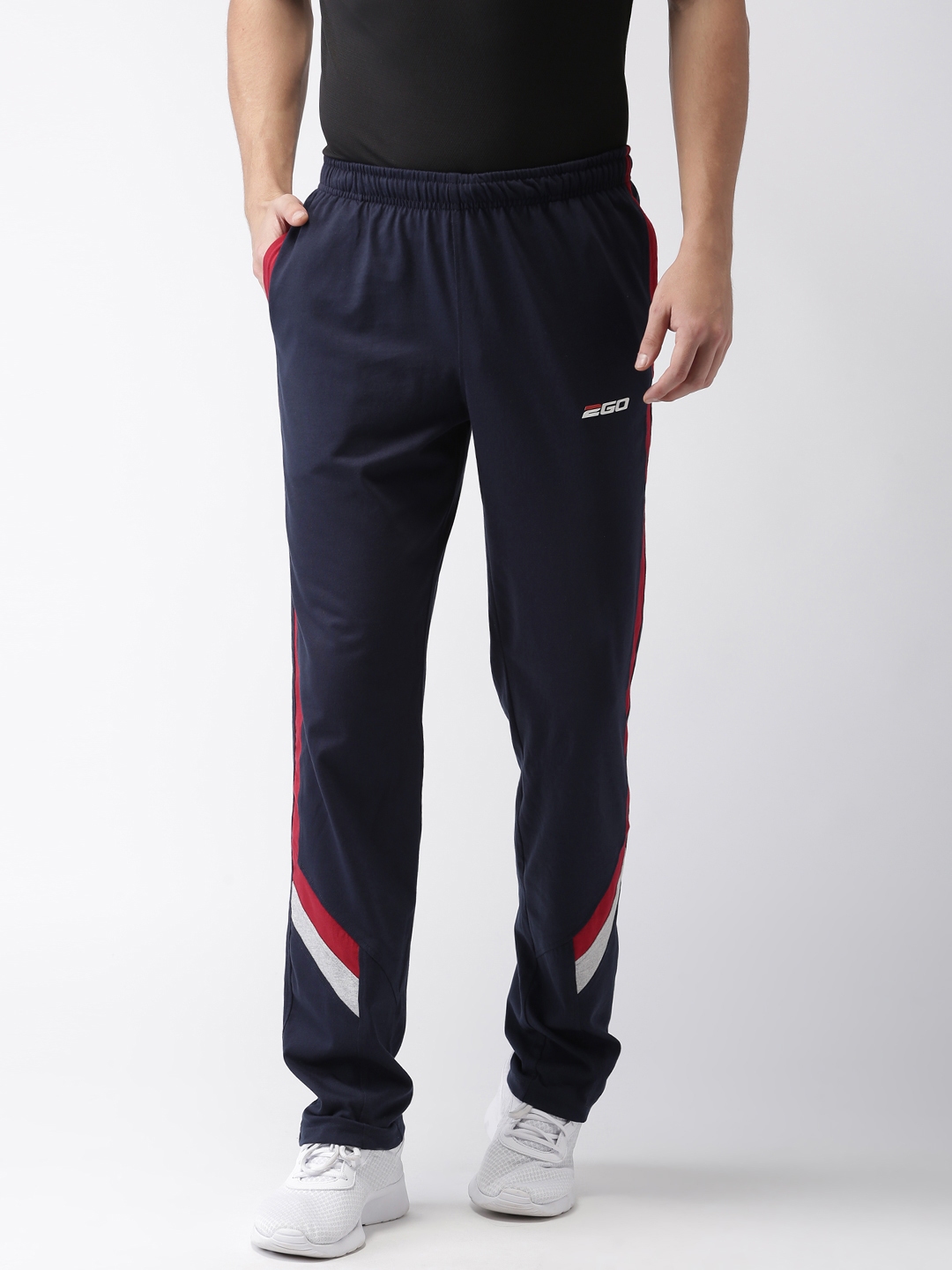 blue track pants with white stripes