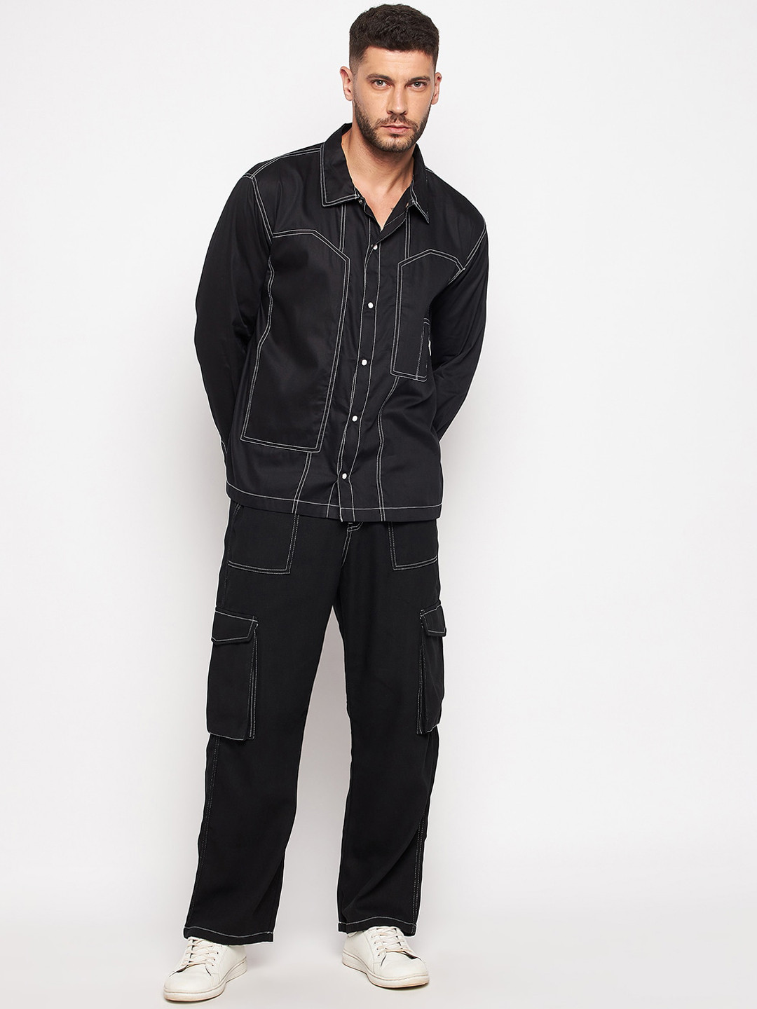 Buy FUGAZEE Men Black Solid Contrast Stitch Pure Cotton Co Ords Co