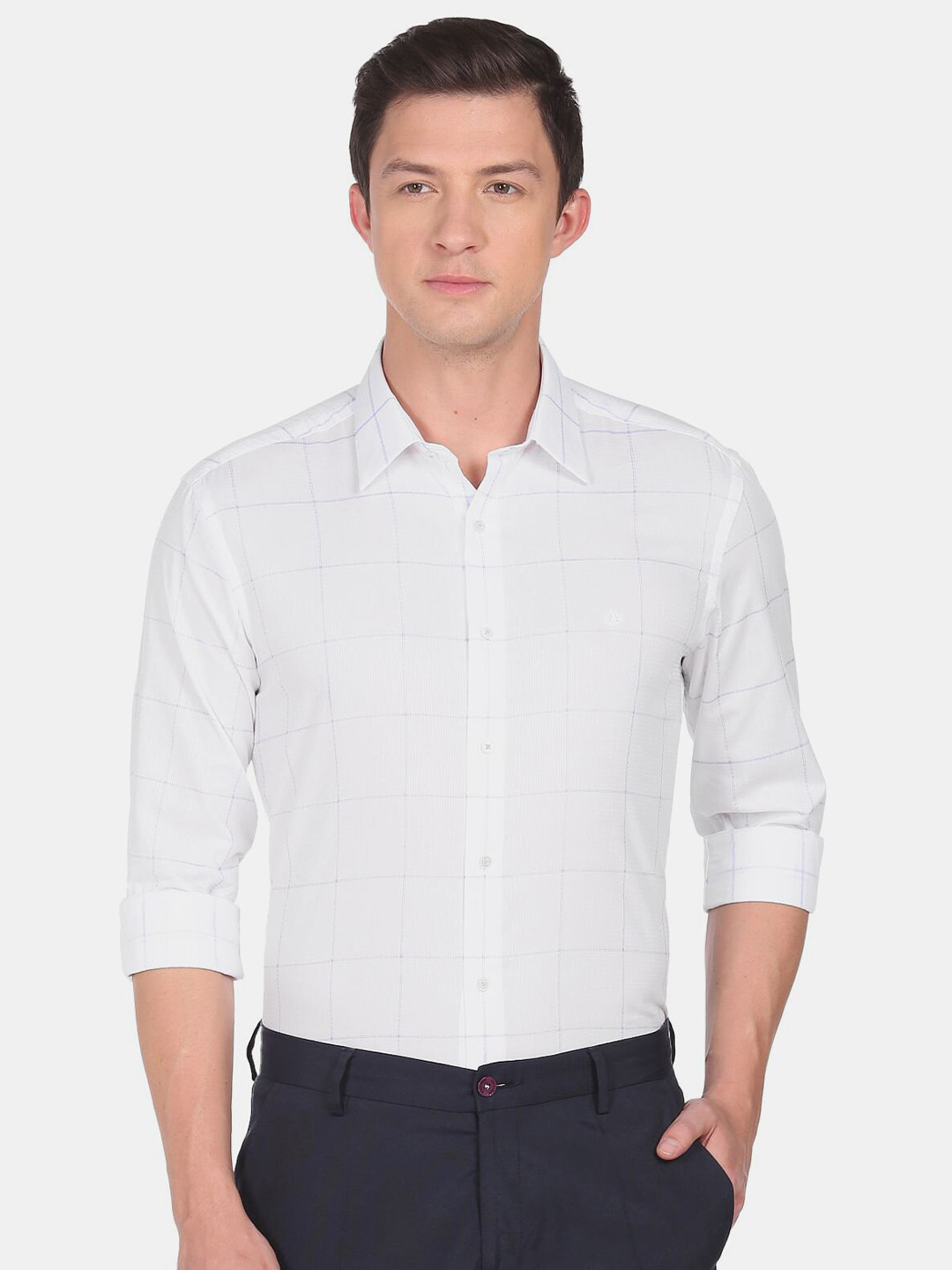 Men's White Comfort Spread Collar Windowpane Checked Cotton Slim Fit Casual Shirt