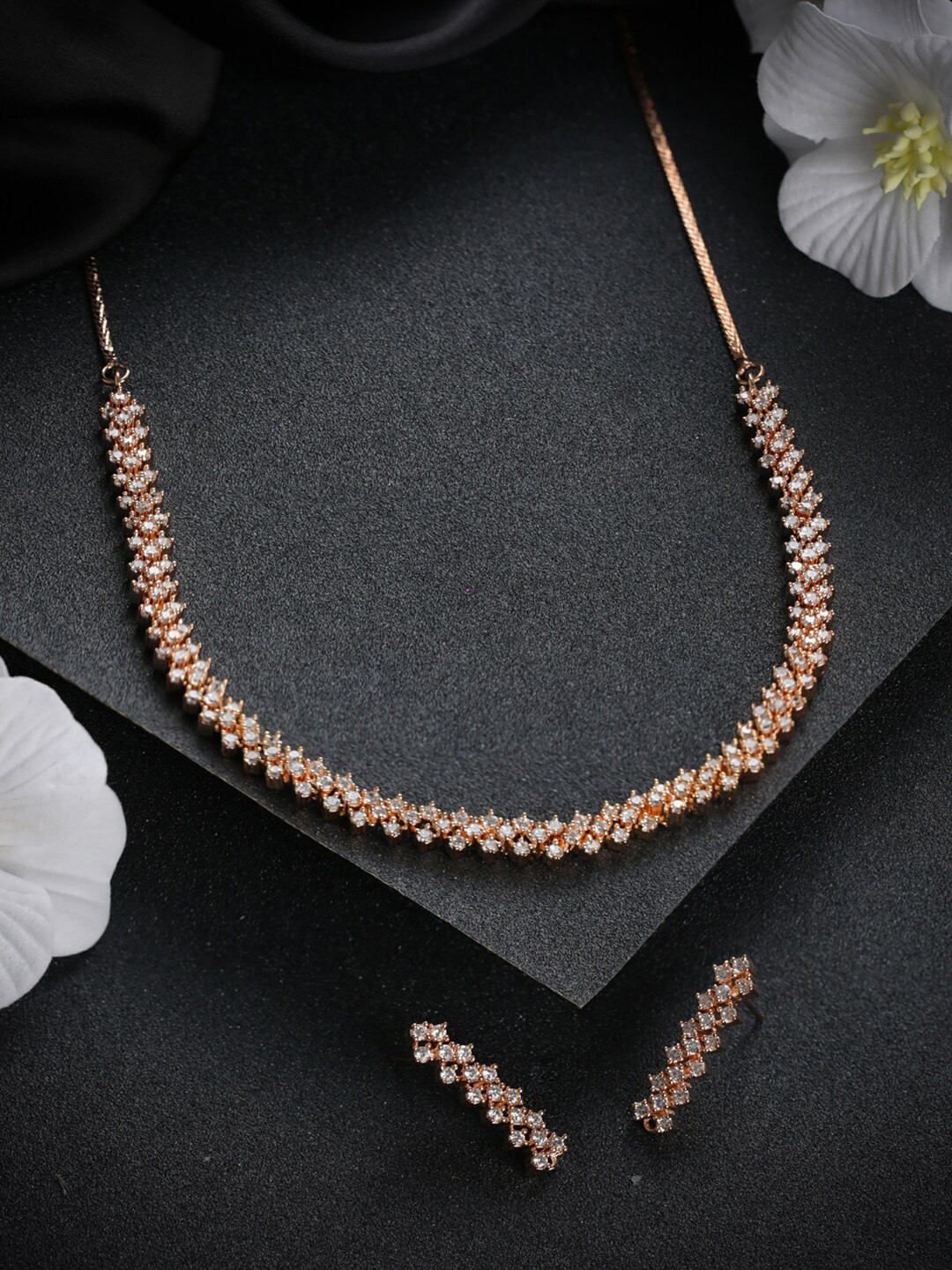 Buy Priyaasi Rose Gold Plated & White AD Studded Jewellery Set
