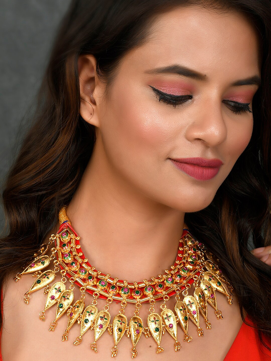 Buy Silvermerc Designs Gold Toned & Red Brass Gold Plated Meenakari