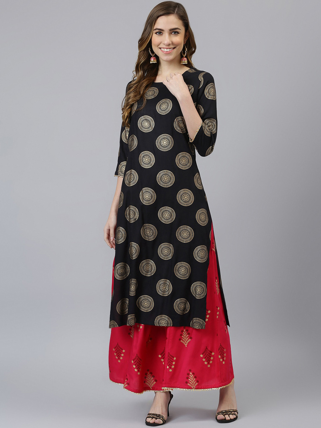 Women's Plus Size Black Geometrical Printed Kurta With Palazzo Ethnic Women Co-Ord Sets