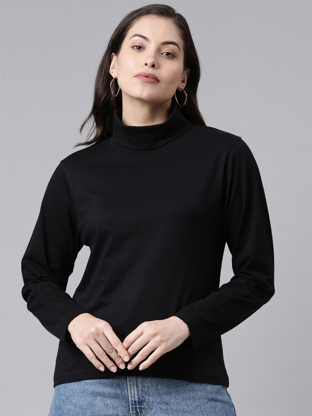 Buy Kryptic Women Black Cotton Stretch Solid High Neck T Shirt