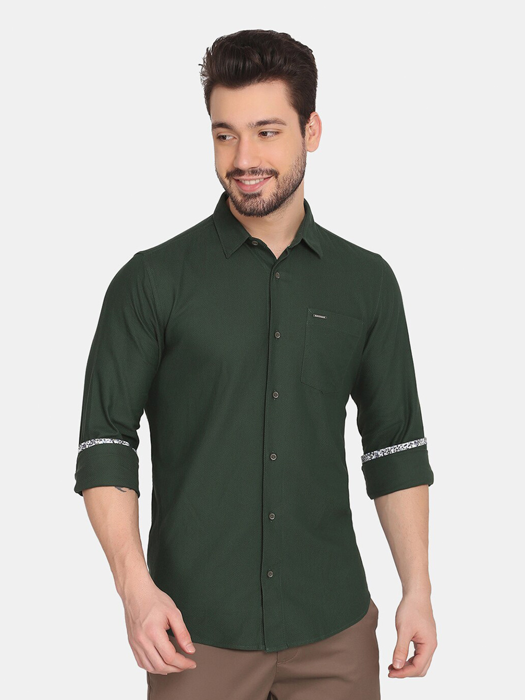 Men's Green Checked Standard Slim Fit Cotton Casual Shirt main image 1