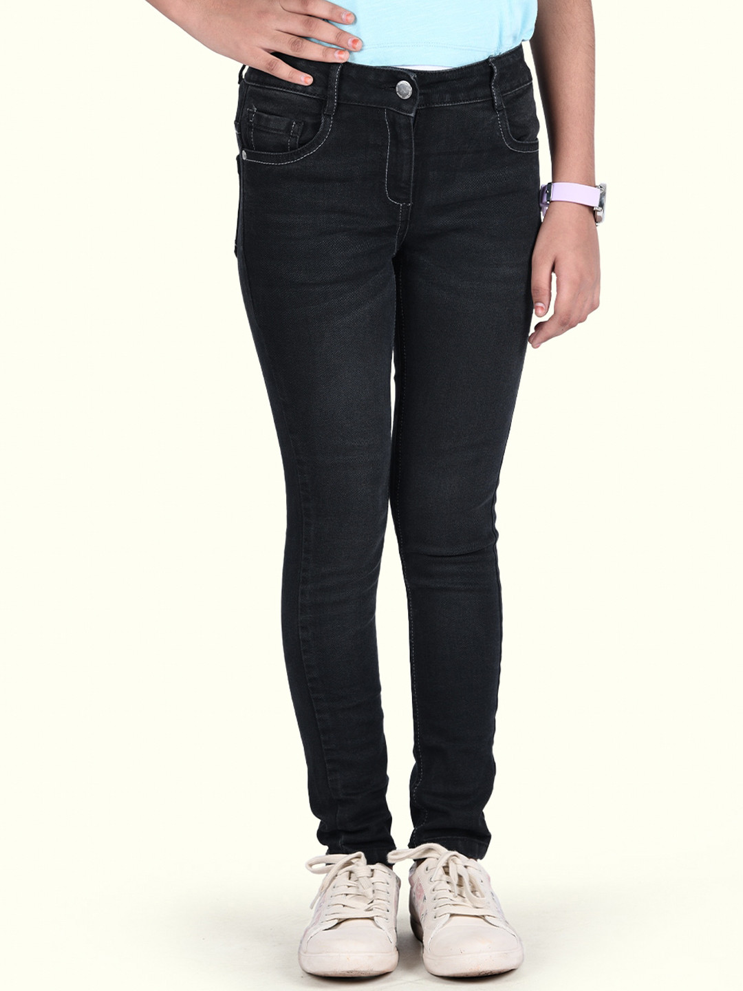 Girls Black Slim Fit Cotton Jeans