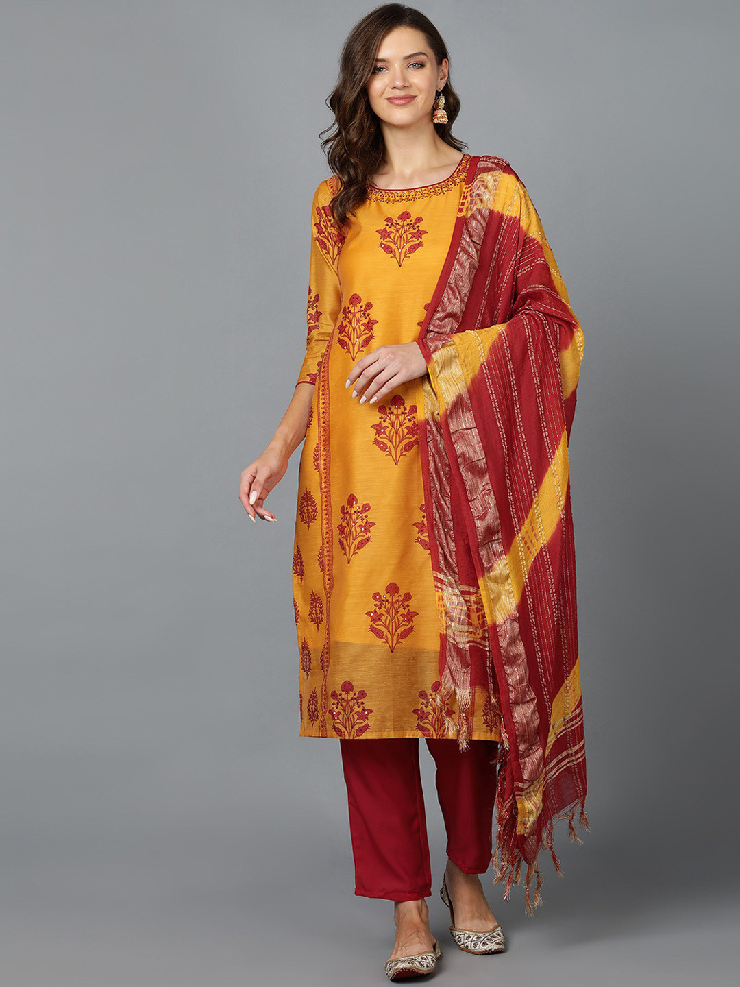 Buy Bani Women Mustard Yellow Ethnic Motifs Printed Chanderi Silk Kurta