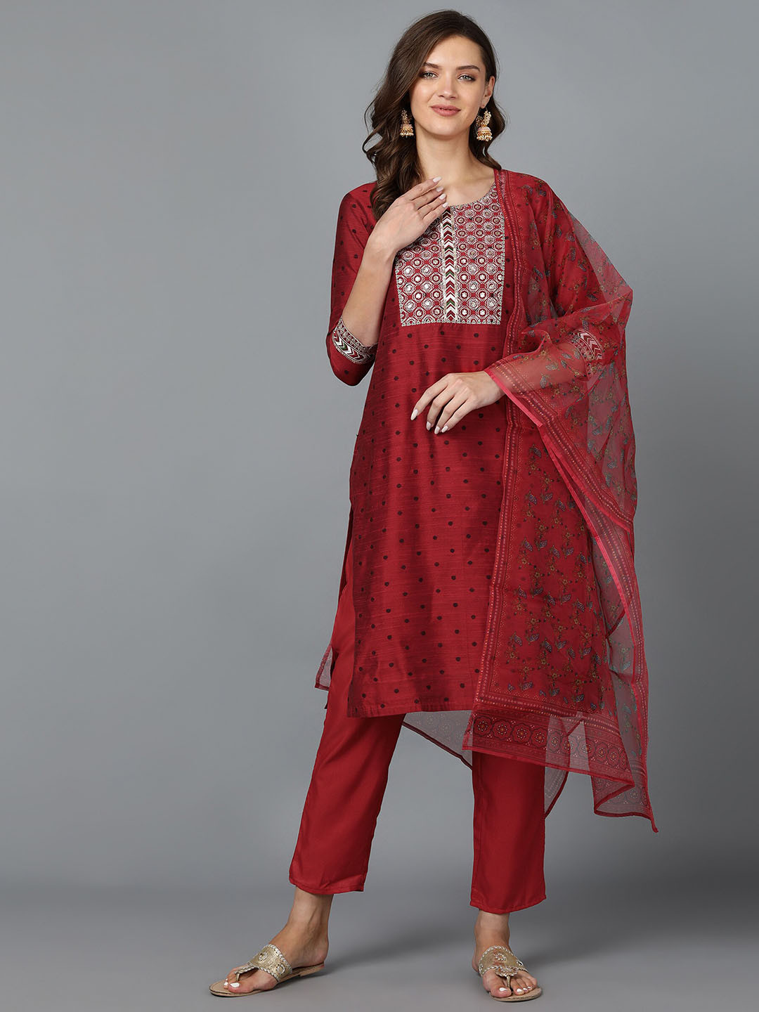 Women'S Red & White Yoke Design Straight Bandhani Kurta main image 0