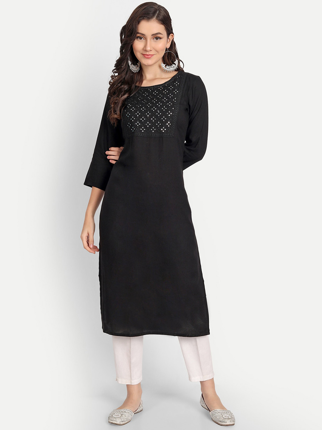 Embroidered Black Cotton Blend Long Kurta Dress with Yoke and Sleeve Work for Women