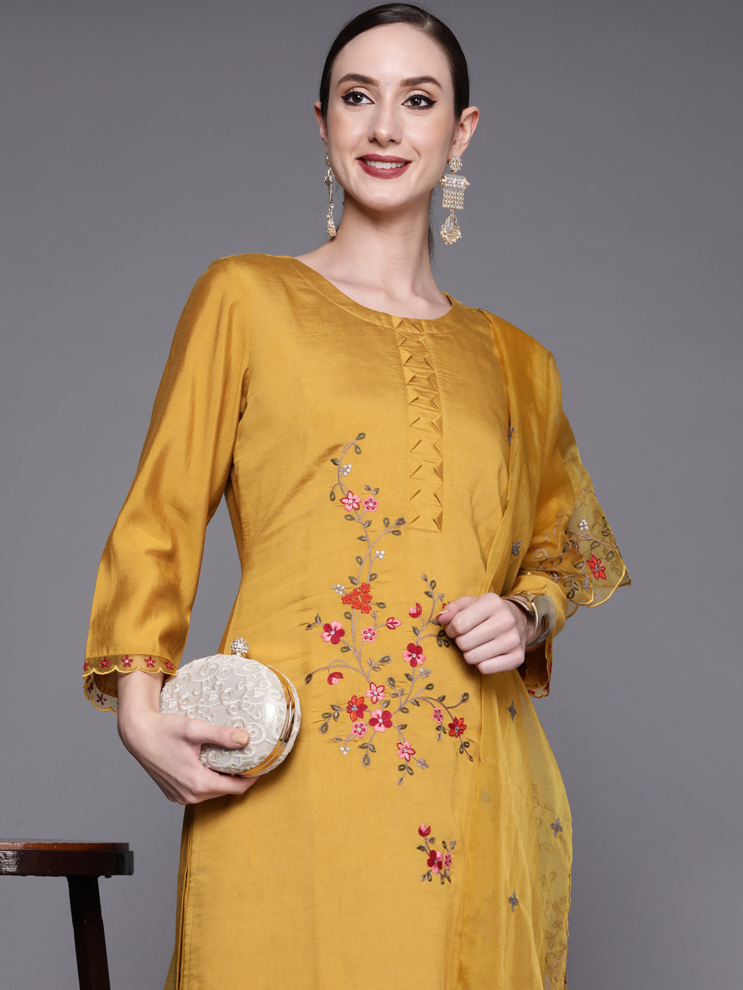 Indiessence Women Yellow Embroidered Cotton Kurta Comfort Pant Dupatta main image 0