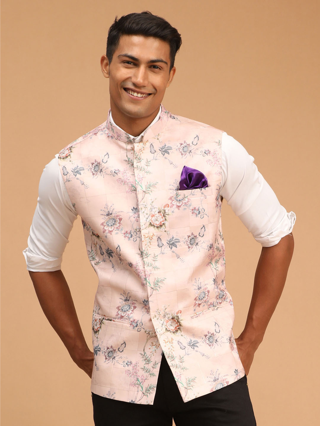 Men'S Peach Peach And White Embroidered Nehru Jacket