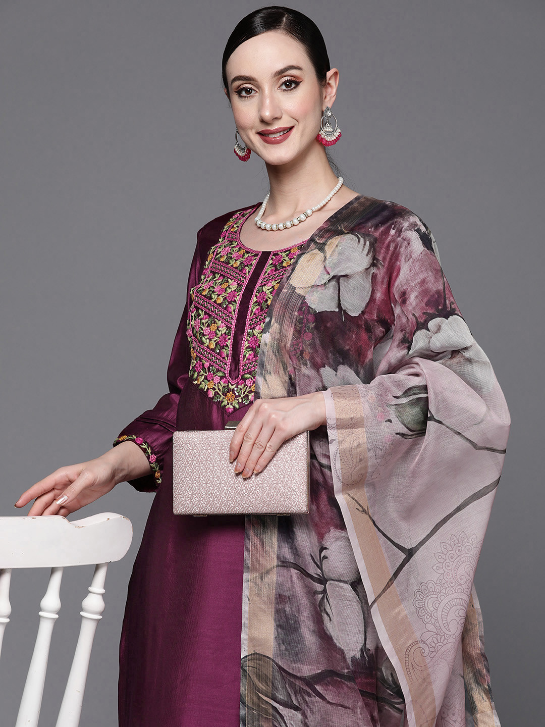 Indo era Purple Embroidered Straight Kurta Sharara With Dupatta Set main image 1