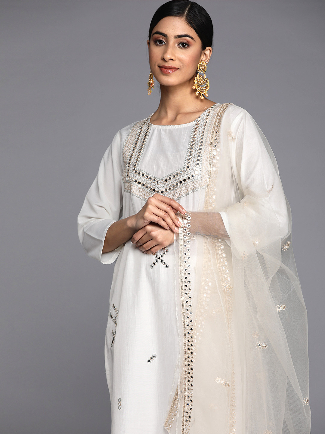 Indo Era White Embroidered Straight Kurta Trousers With Dupatta set main image 1