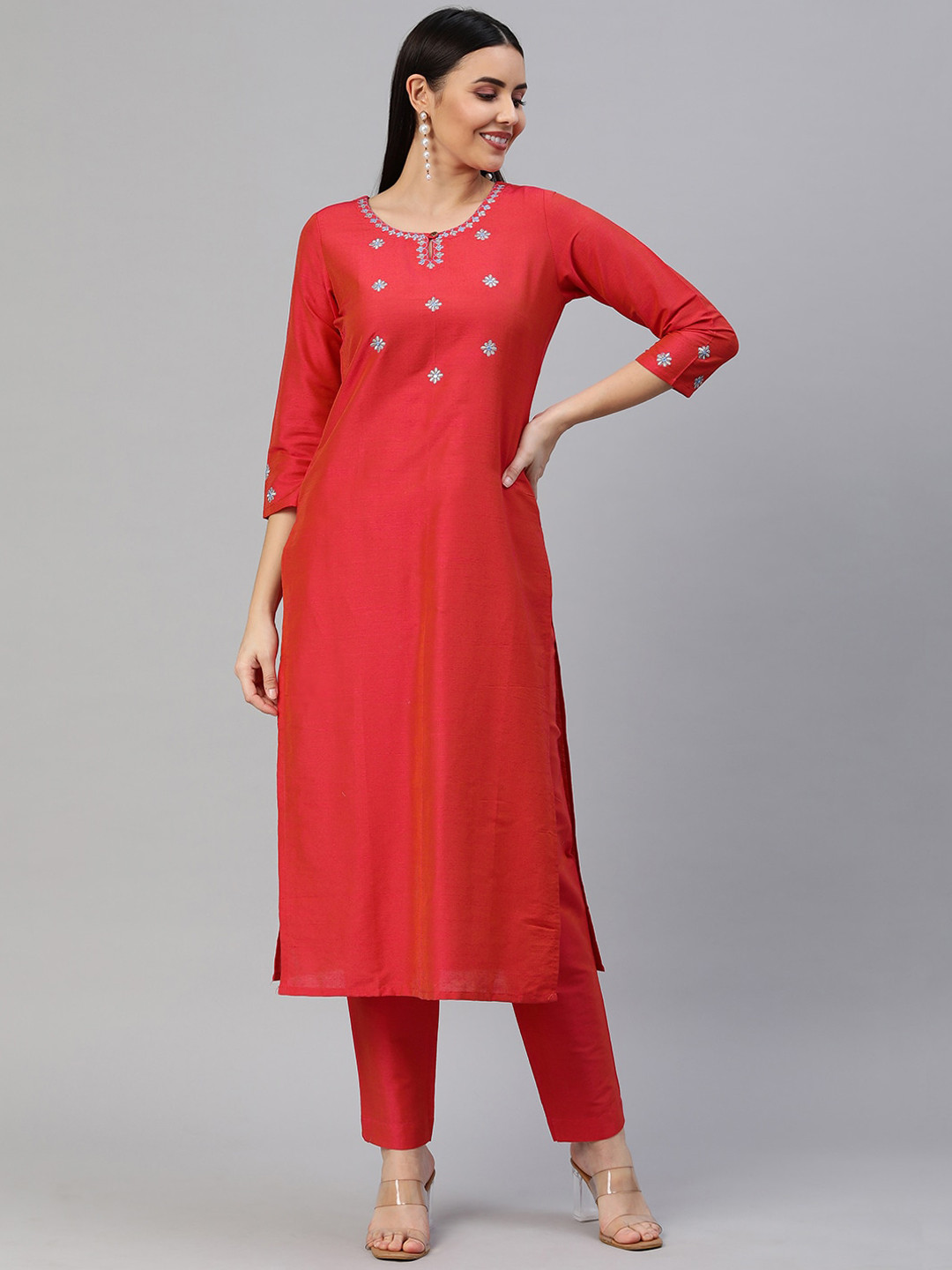 Buy KAMI KUBI Women Peach Embroidered Art Silk Straight Kurta Kurtas