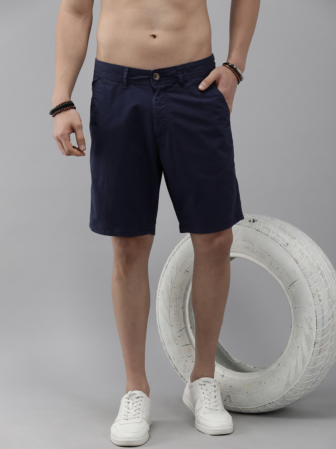 Buy Roadster Men Navy Blue Solid Slim Fit Pure Cotton Casual Shorts ...