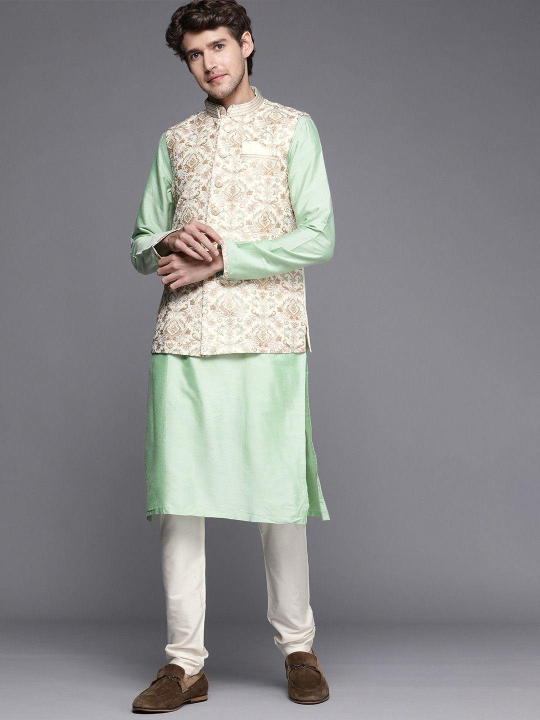 Buy Manyavar Men Green Ethnic Motifs Yoke Design Kurta With Churidar