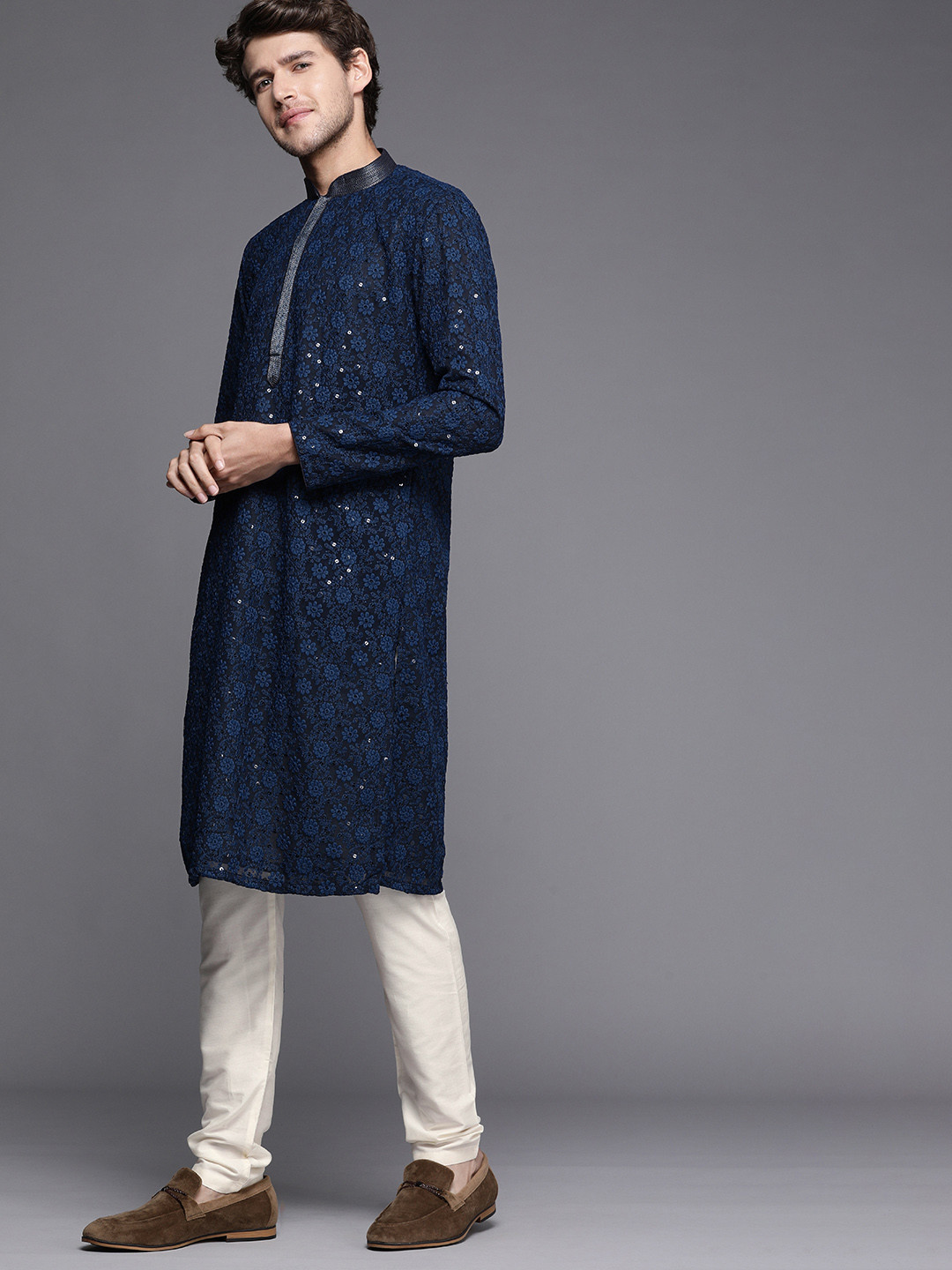Men Navy Blue Embroidered Pure Cotton Kurta